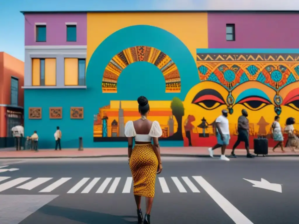 Colorido mural urbano fusiona símbolos africanos tradicionales con elementos modernos, reflejando la evolución del simbolismo africano en la diáspora