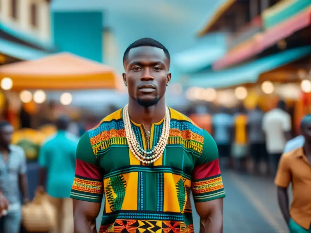 Colorido tejido Kente en mercado africano, reflejo de la cultura africana moda diáspora