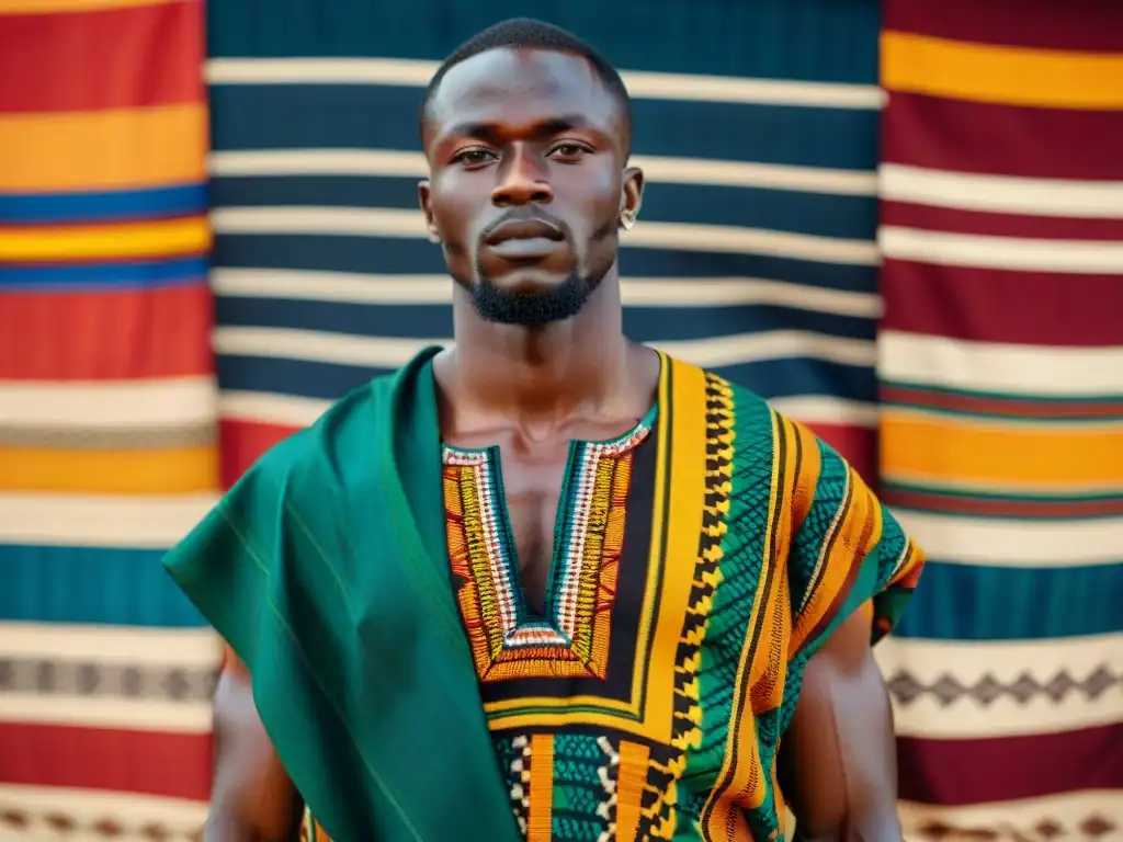 Colorido tejido Kente de Ghana sobre patrones de tela africana, destacando el simbolismo en textiles africanos