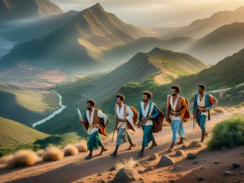 Combatientes eritreos marchan con determinación en terreno montañoso, al atardecer