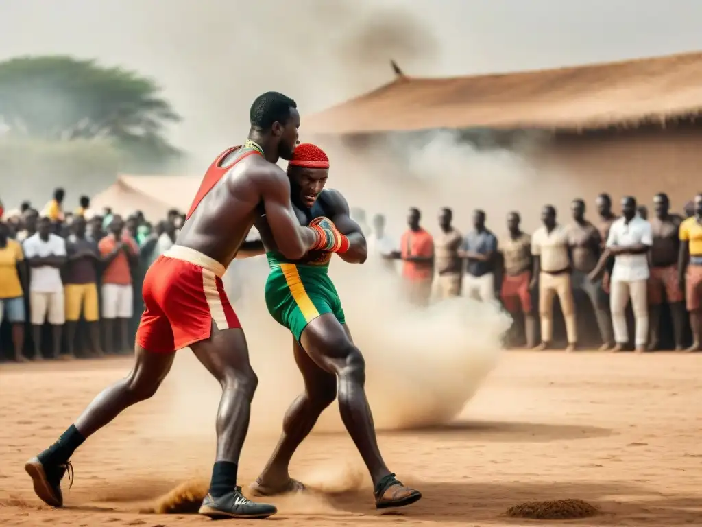 Competencia feroz de lucha africana bajo el sol abrasador