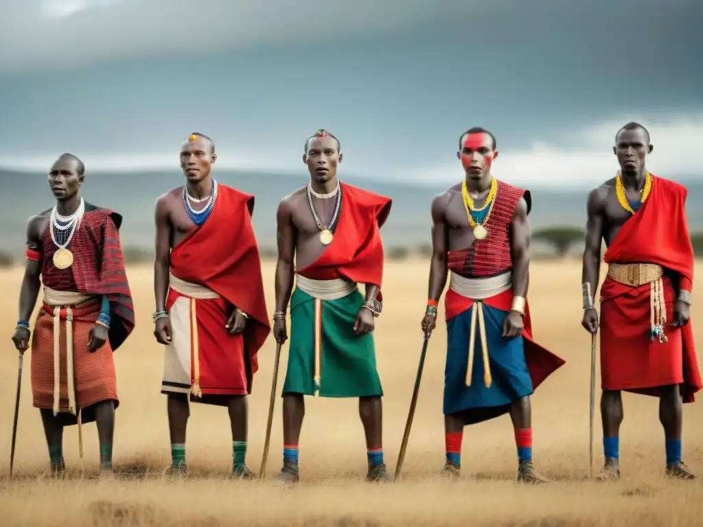 Competencia de lanzamiento de lanzas entre guerreros Maasai en las llanuras de Kenia