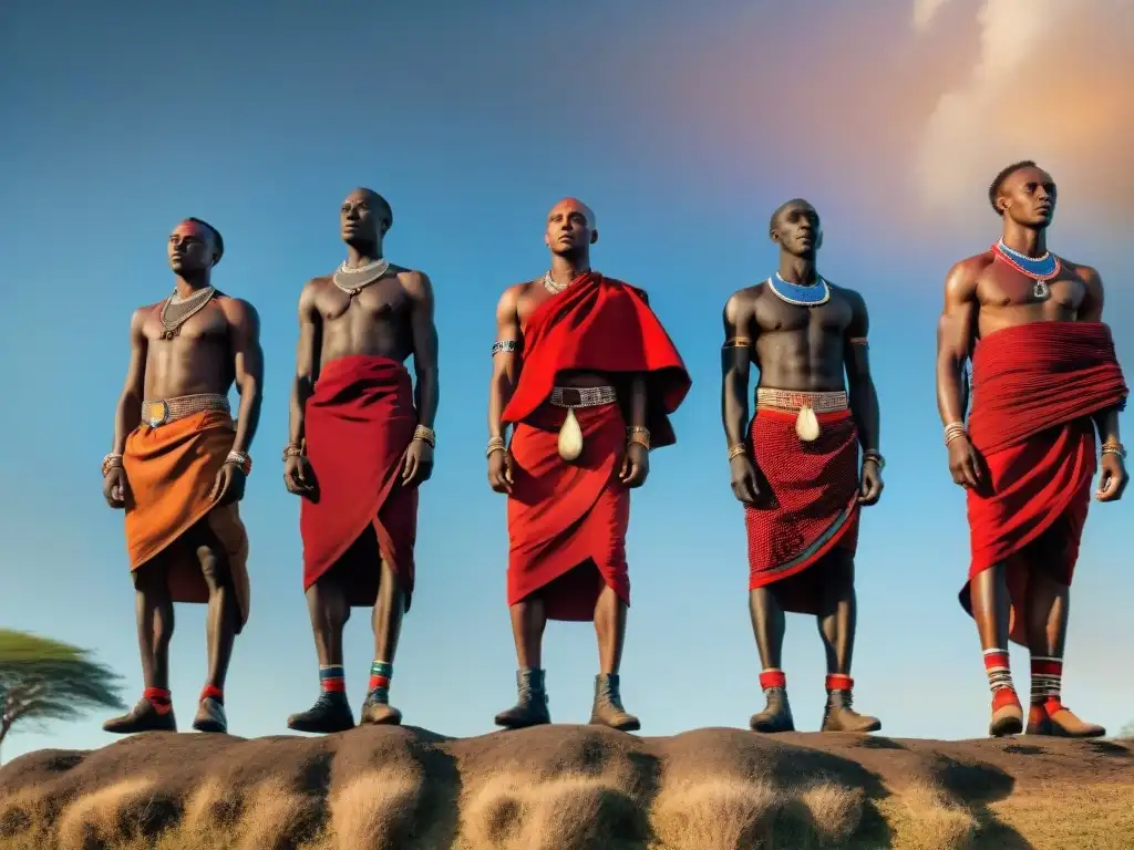 Competencia de salto alto entre guerreros Maasai, con vestimenta tradicional y fondo de árboles en la sabana al atardecer