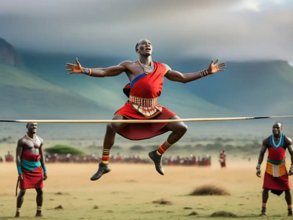 Competencia de salto de guerreros Maasai en la sabana africana, destacando la resistencia y la tradición de los deportes tradicionales africanos