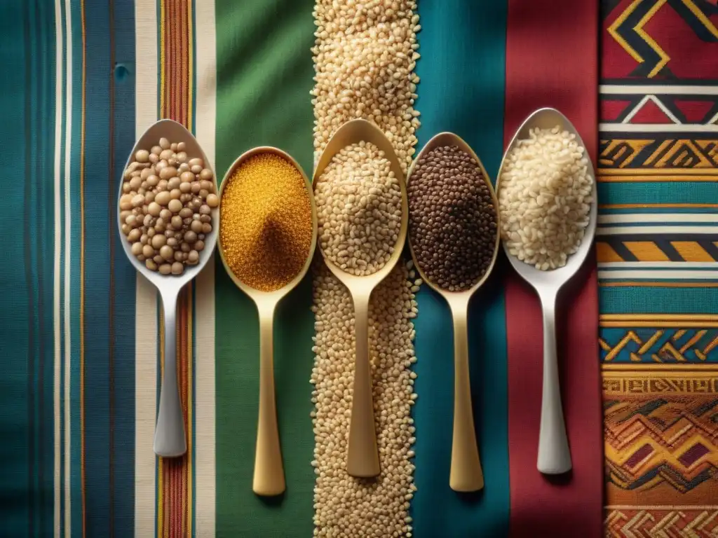 Una composición visual de granos antiguos africanos que resaltan colores, texturas y formas, en un contexto moderno de nutrición y herencia cultural