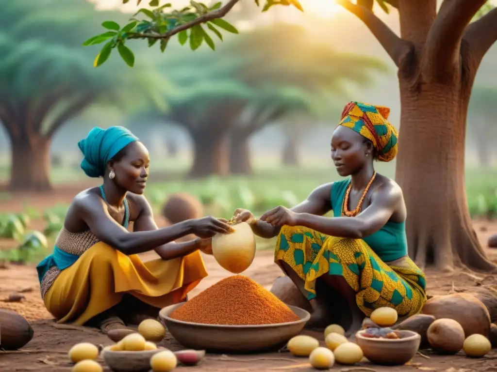 Comunidad africana recolectando nueces de shea bajo el sol dorado en el bosque