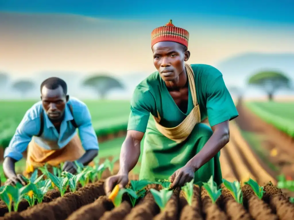 Comunidad africana practicando técnicas agrícolas tradicionales frente al cambio climático en campo vibrante bajo cielo azul