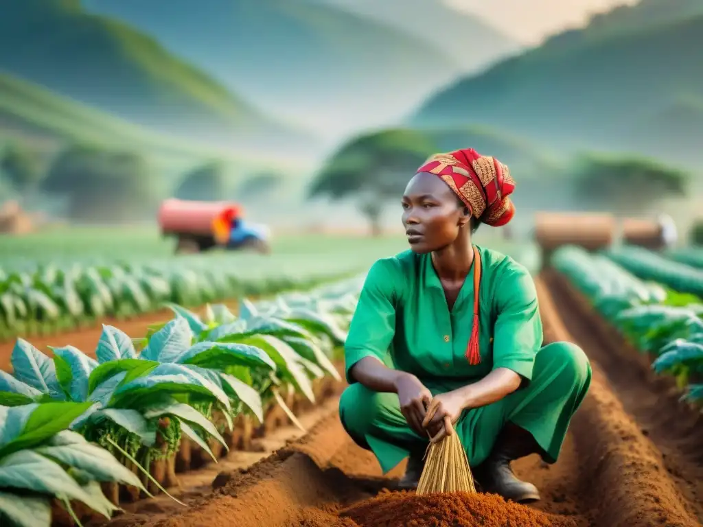 Una comunidad de agricultores africanos en un campo verde exuberante, usando técnicas agrícolas africanas innovadoras