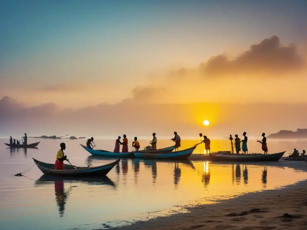 Una comunidad costera africana se reúne al amanecer en la playa, con barcos de pesca y gente preparando redes