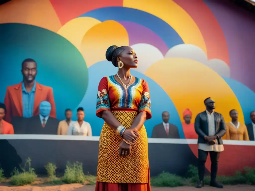 Una comunidad LGBTQ+ en África Tradicional destaca frente a un mural vibrante, simbolizando unidad y resistencia al atardecer