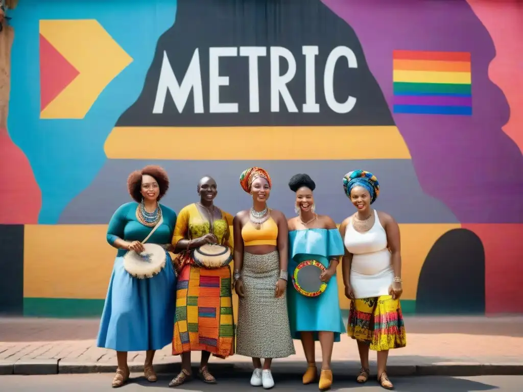 Una comunidad LGBTQ+ en África Tradicional se une frente a un mural vibrante y diverso, transmitiendo determinación y esperanza