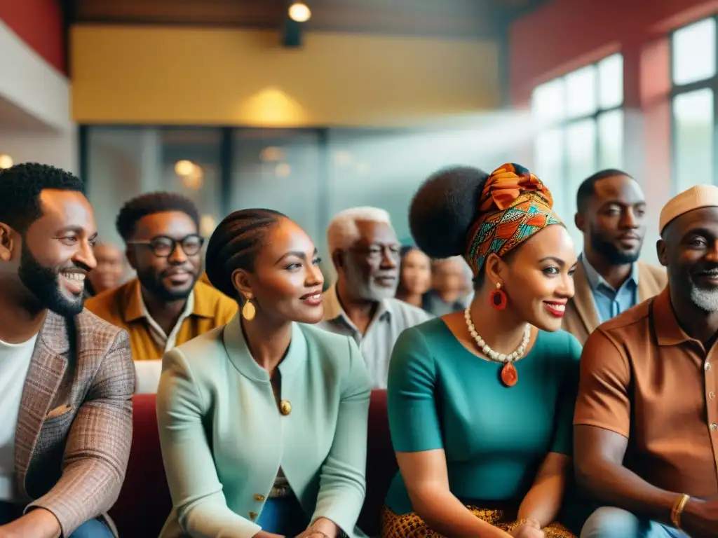 Una comunidad unida de la diáspora africana construyendo puentes, compartiendo historias y conocimientos culturales en un centro vibrante