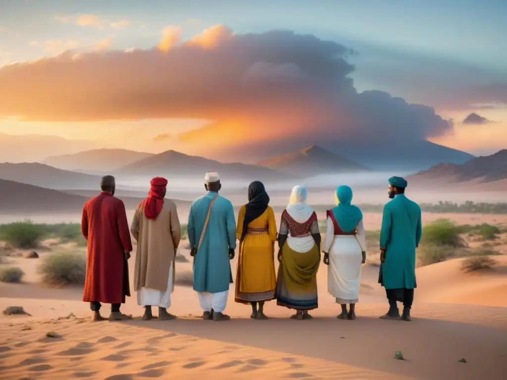 Comunidad unida en el Sahel durante reunión, en atardecer cálido