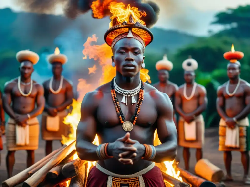 Una comunidad vestida con atuendos africanos tradicionales se reúne alrededor de una fogata en la noche, inmersos en un ritual espiritual