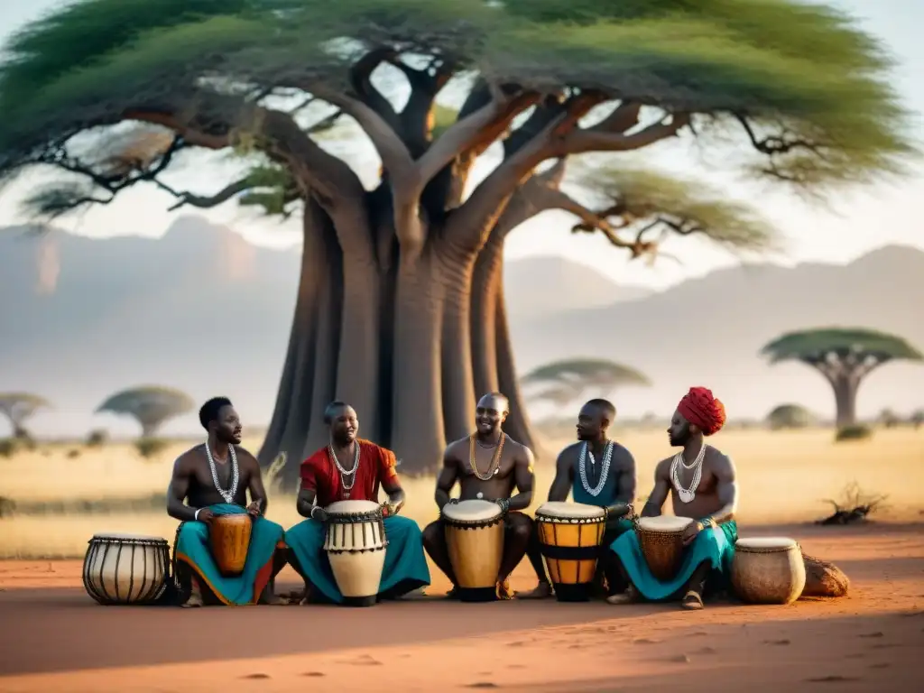 Concierto de músicos africanos bajo un baobab, vistiendo trajes tradicionales, en la sabana africana