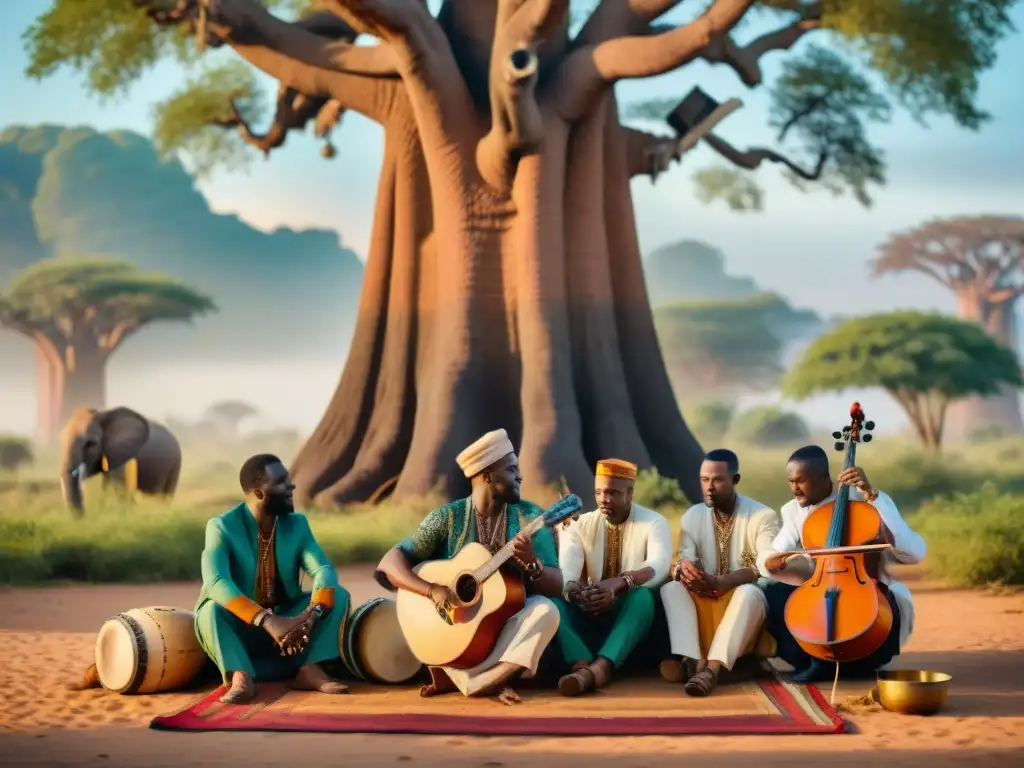 Concierto bajo baobab: músicos africanos tocan instrumentos tradicionales, rodeados de coloridos tejidos