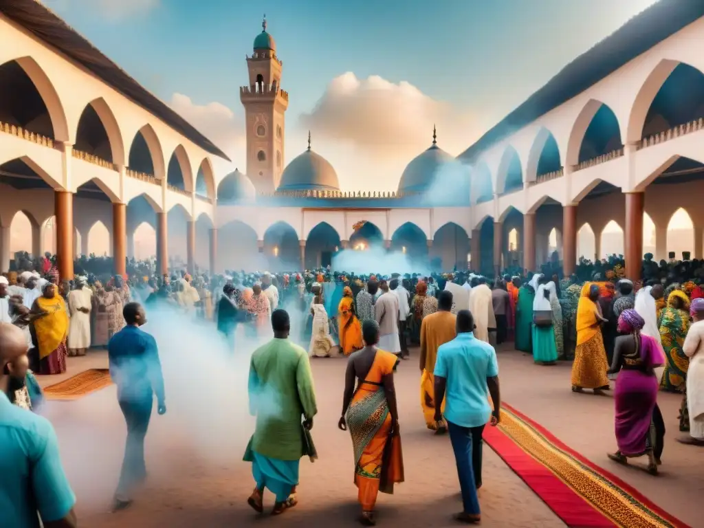 Una concurrida intersección de clase social y religión en un mercado africano, reflejando la diversidad cultural