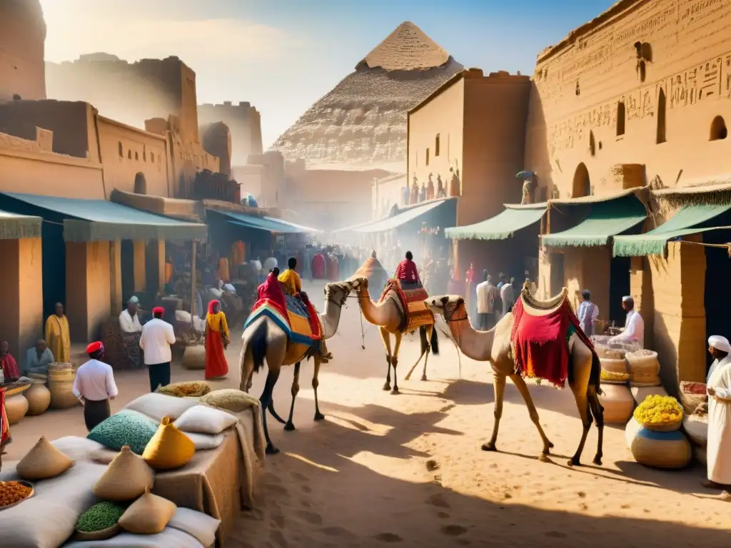 Conexiones comerciales entre Egipto y Nubia: Animado mercado antiguo con comerciantes, camellos y edificios de arena adornados