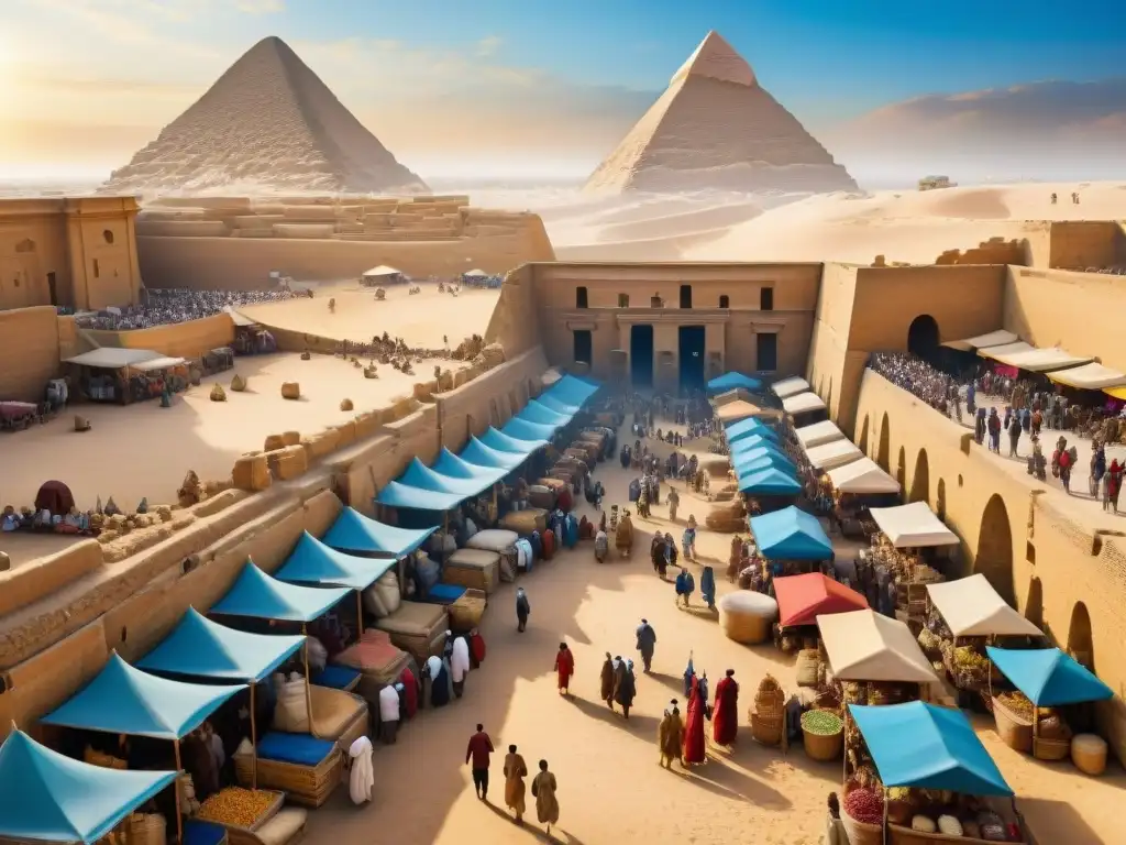 Conexiones comerciales entre Egipto y Nubia: Mercado antiguo bullicioso con comerciantes intercambiando productos cerca de las pirámides de Giza