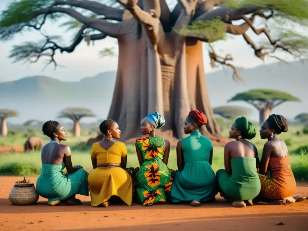 Conmovedora escena de mujeres activistas africanas debatiendo bajo un baobab, transmitiendo sabiduría intergeneracional