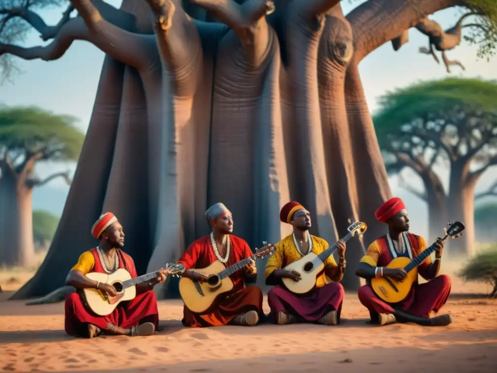 Conmovedora escena de músicos africanos tocando instrumentos sagrados bajo un baobab centenario