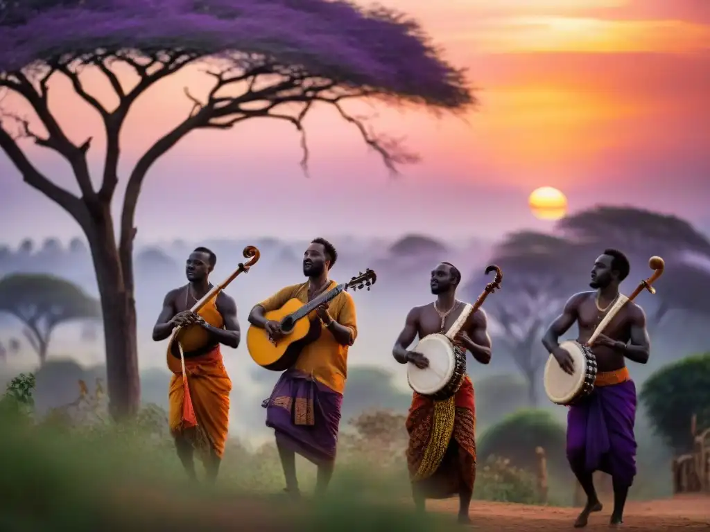 Conmovedora escena de músicos africanos tocando instrumentos musicales tradicionales bajo un vibrante atardecer, con acacias en silueta y un cielo pintado en tonos naranja, rosa y morado