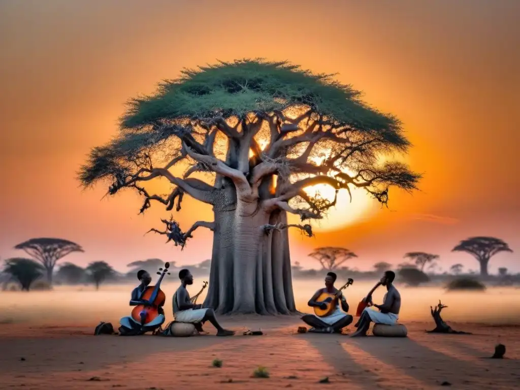 Conmovedora imagen de músicos africanos bajo un baobab al atardecer