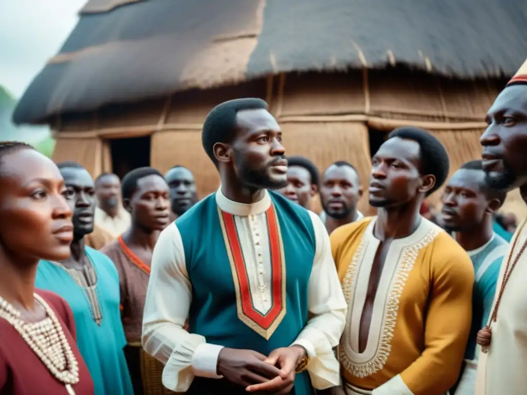 Conquista y conversión de África: Misioneros franceses y aldeanos africanos en intercambio cultural frente a una iglesia de paja