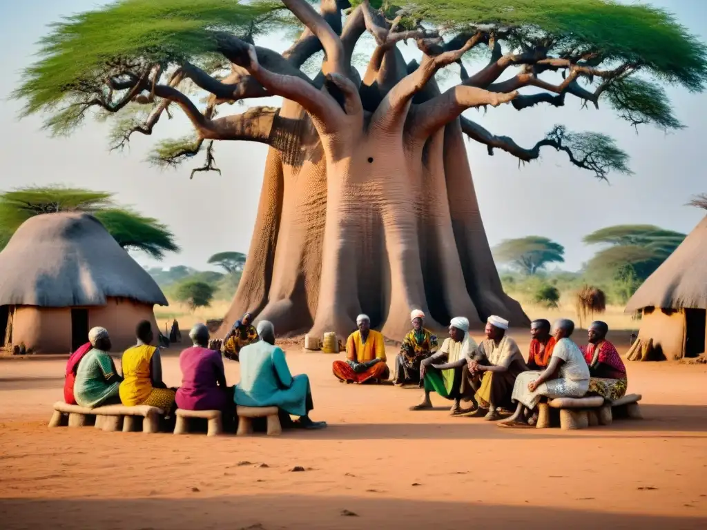 Consejo tradicional africano debatido bajo baobab, reflejando la influencia del Sistema Indirect Rule África análisis