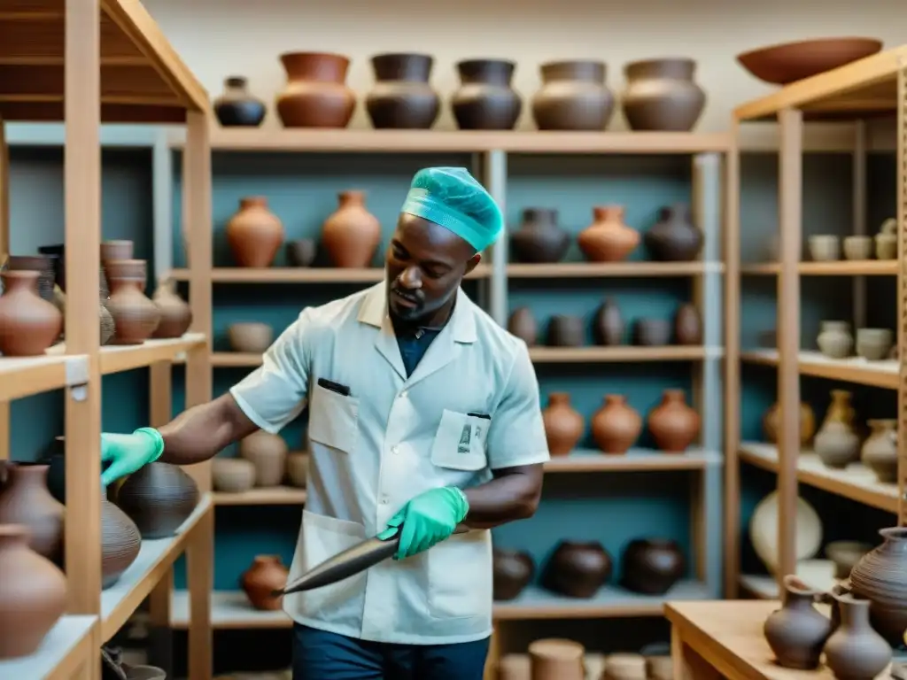 Conservador limpiando máscara antigua en laboratorio de preservación del patrimonio cultural africano