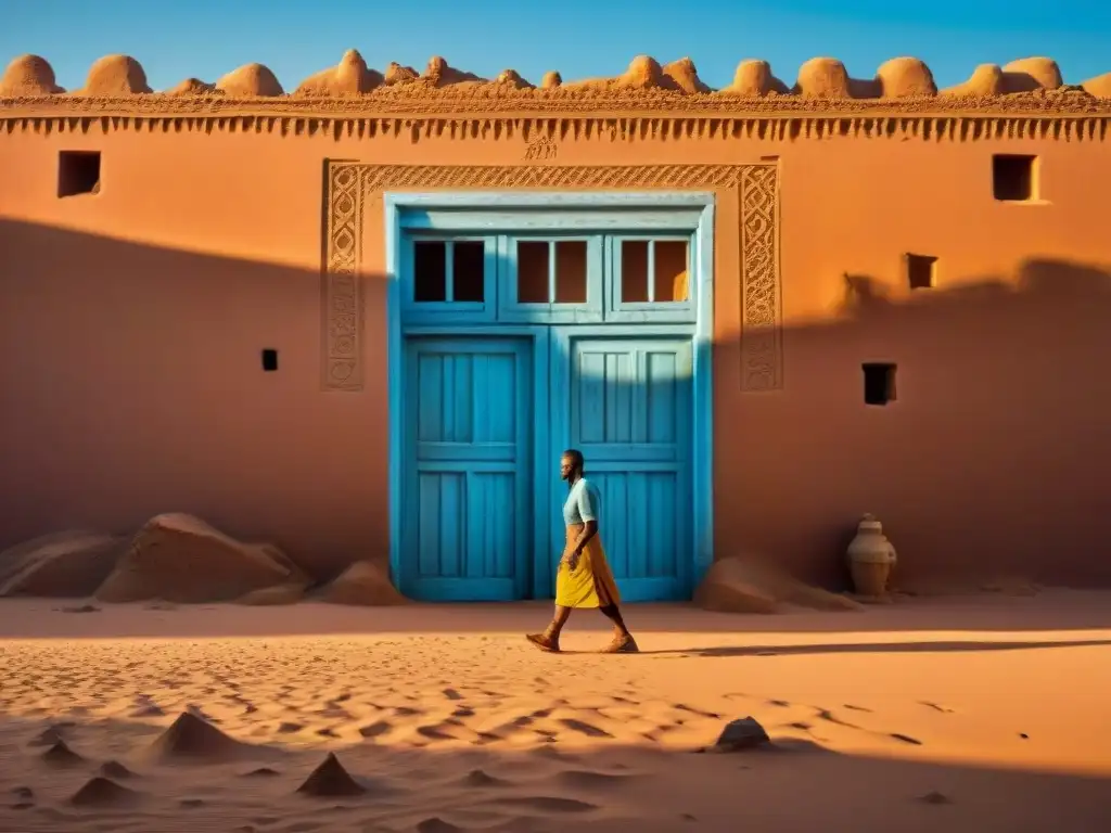 Construcción con piedra y barro Sahara: Artesanos trabajando en edificio tradicional sahariano, bajo cielo azul en desierto vasto