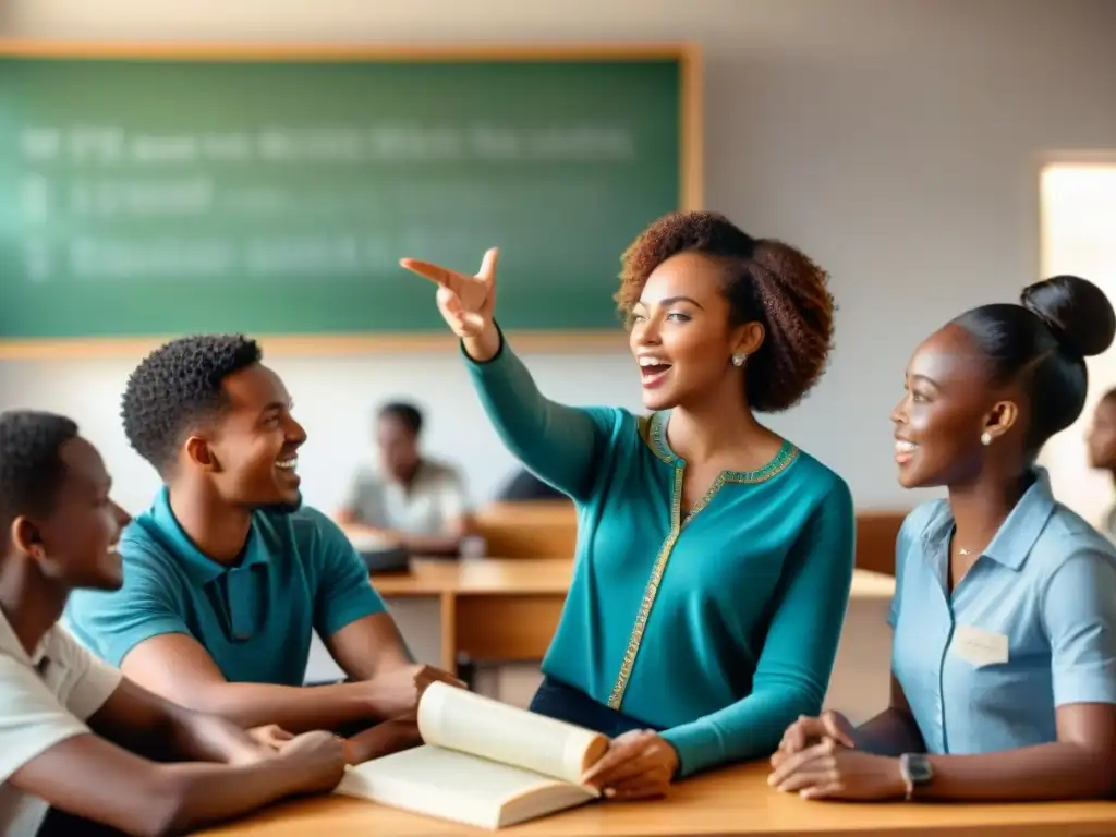 Una conversación educativa y vibrante entre estudiantes africanos en un aula llena de libros y mapas