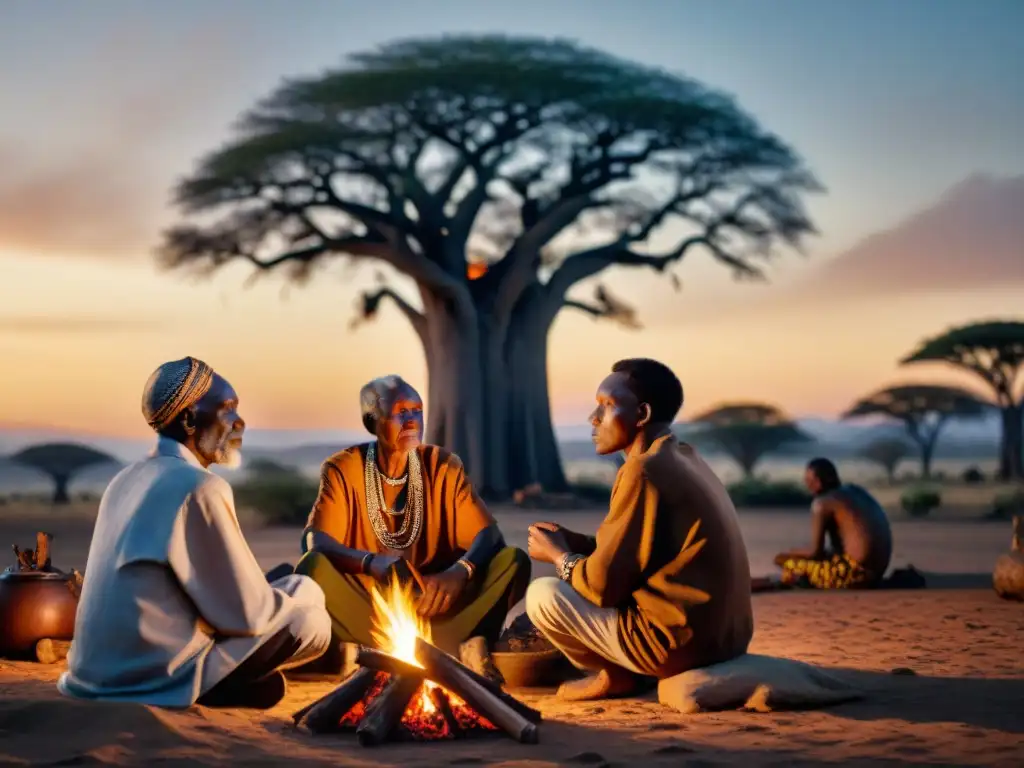 Conversación nocturna de ancianos africanos alrededor de una fogata, iluminados por el fuego y la sabiduría de un baobab