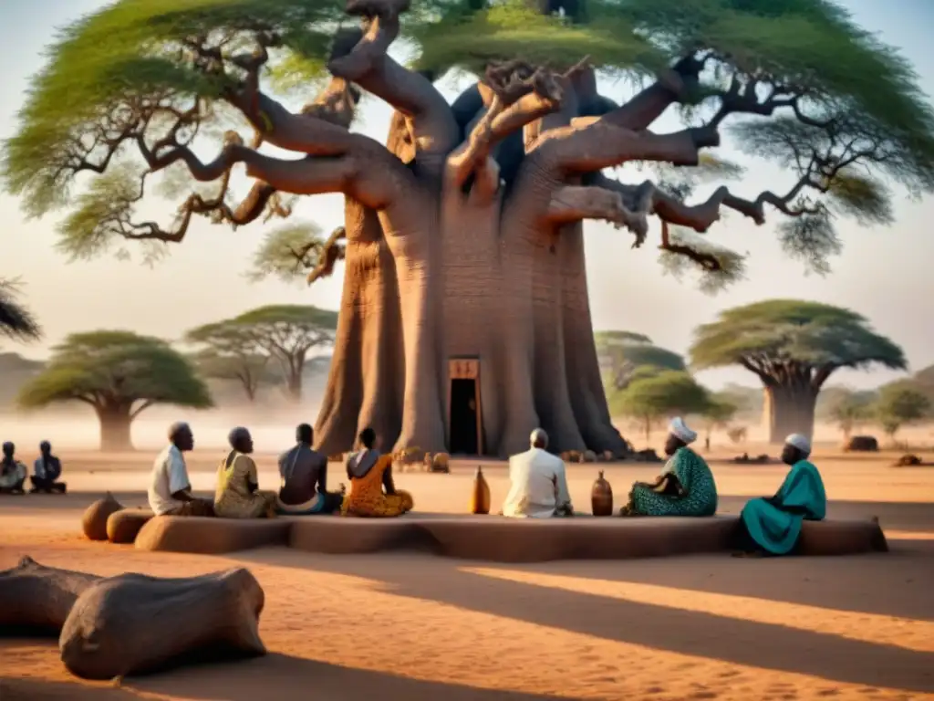 Conversación profunda de ancianos africanos bajo árbol baobab, simbolizando impacto del colonialismo en sincretismo religioso africano