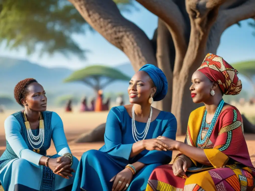 Conversación profunda entre líderes africanas bajo un árbol, rodeadas de textiles y cestas tradicionales