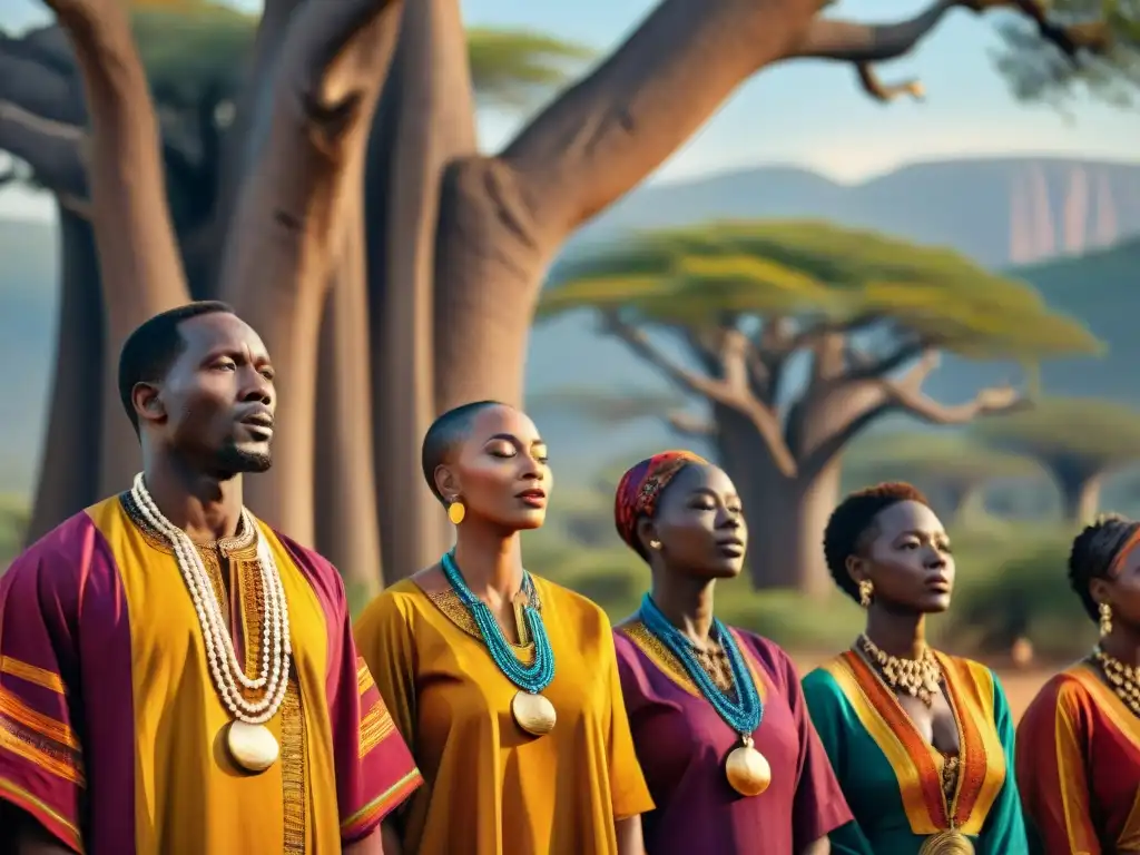 Un coro africano canta bajo el cielo abierto, rodeado de baobabs, en una escena de música sagrada en África