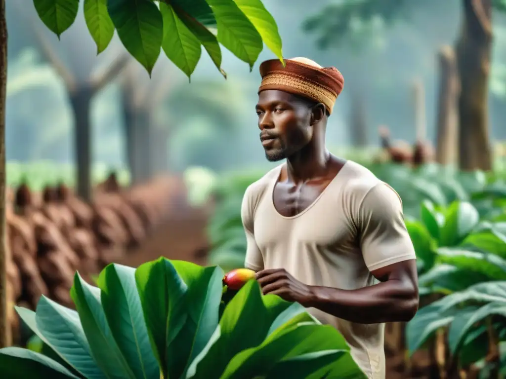 Cosecha de cacao en África: agricultores seleccionan con cuidado los frutos bajo árboles de cacao