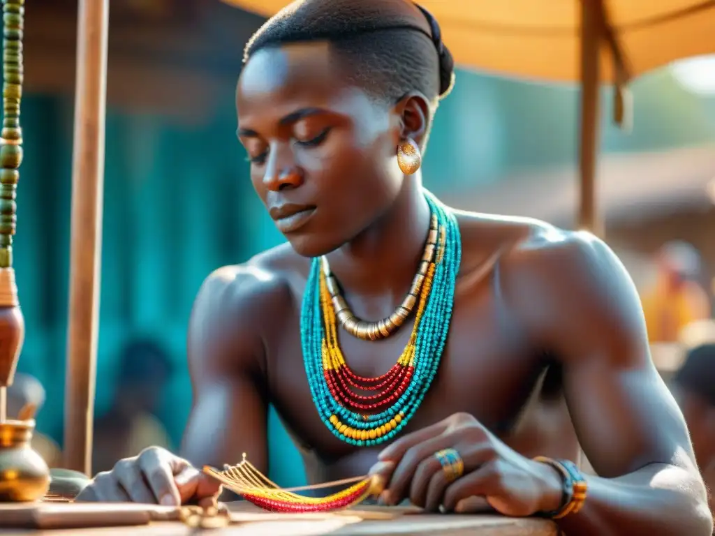 Creación de joyas africanas tradicionales: hábil artesano africano tejiendo un collar de cuentas en un animado mercado africano