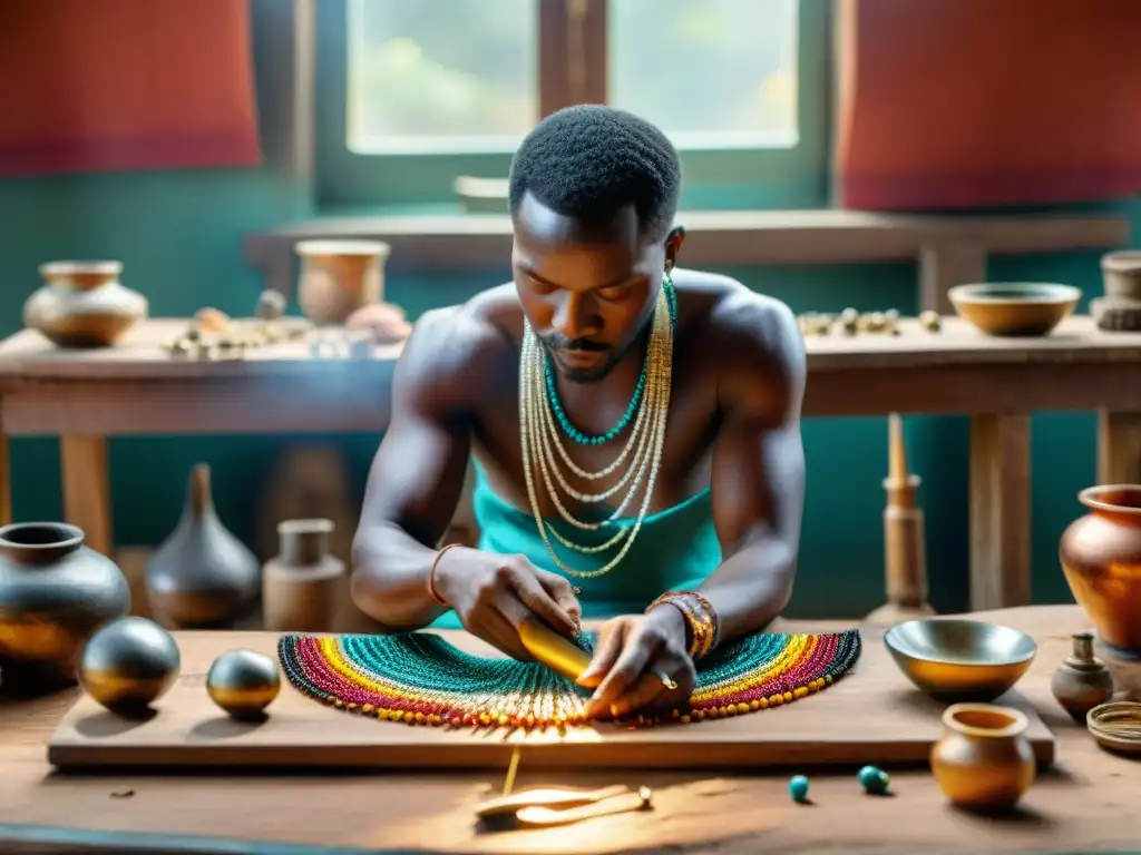 Creación de joyas africanas tradicionales con maestría y colorido en un taller soleado