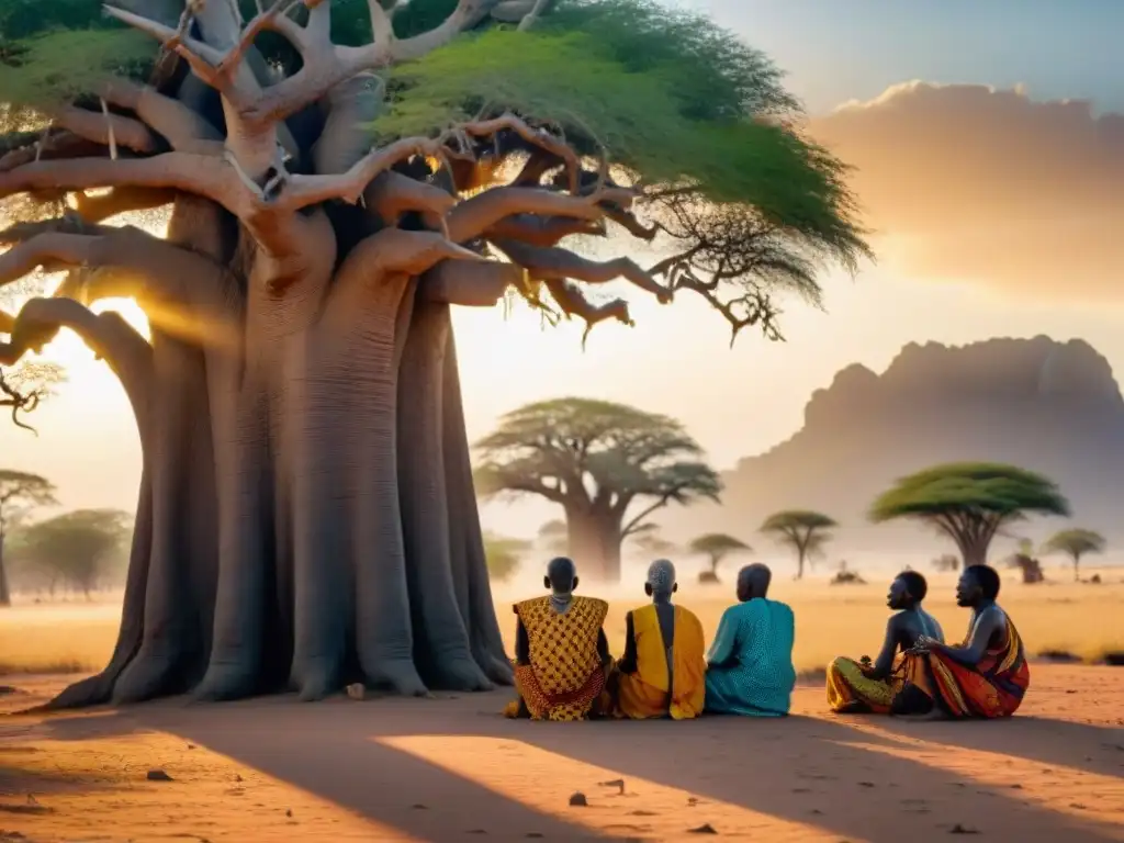 Conversación sabia bajo baobab en África, creencias vida después muerte África