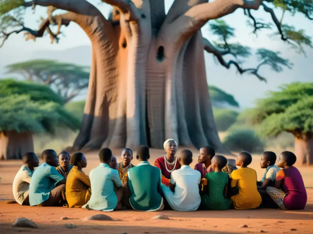 Un cuadro ancestral: jóvenes africanos aprenden bajo un baobab, escuchando historias transmitidas por un anciano griot