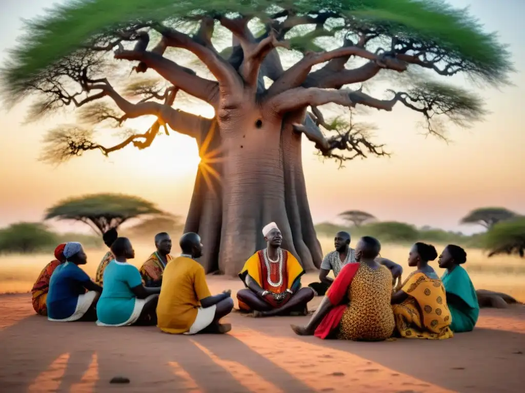 Un cuentero africano relata fascinantes mitos y leyendas bajo un Baobab al atardecer, cautivando a su audiencia de todas las edades