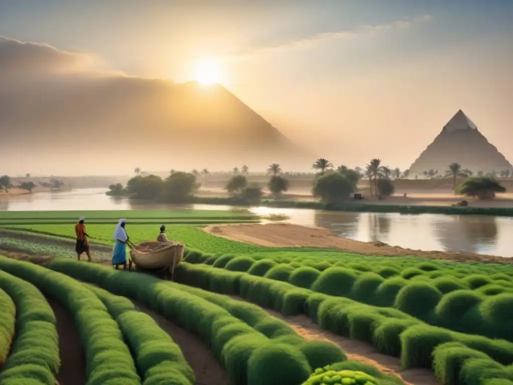 Culto al Nilo en Egipto: Agricultores trabajando en campos verdes a orillas del río, bajo el sol radiante