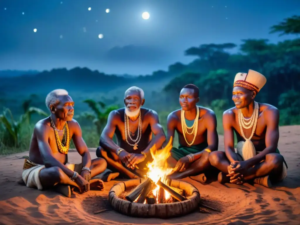 Ritual ancestral en la selva africana Culto a los antepasados en África Central: Ancianos en ritual alrededor del fuego nocturno