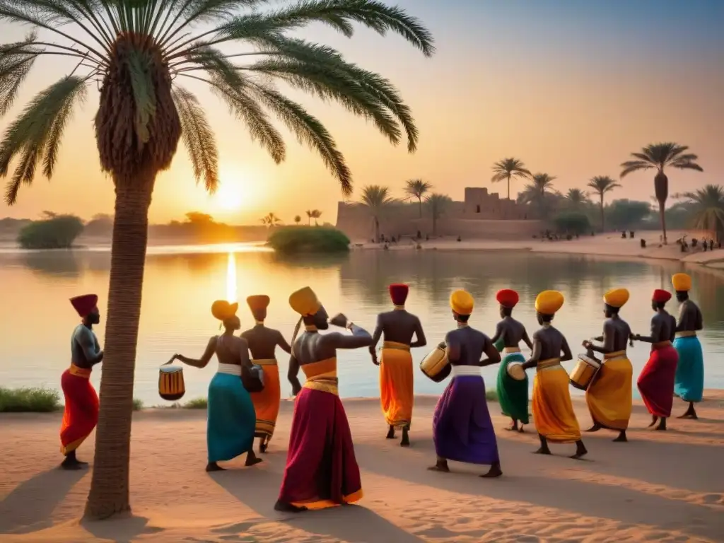 Celebración del Culto al Nilo en Egipto: Nubios danzan al atardecer junto al río, entre templos y palmeras, en una escena vibrante y colorida