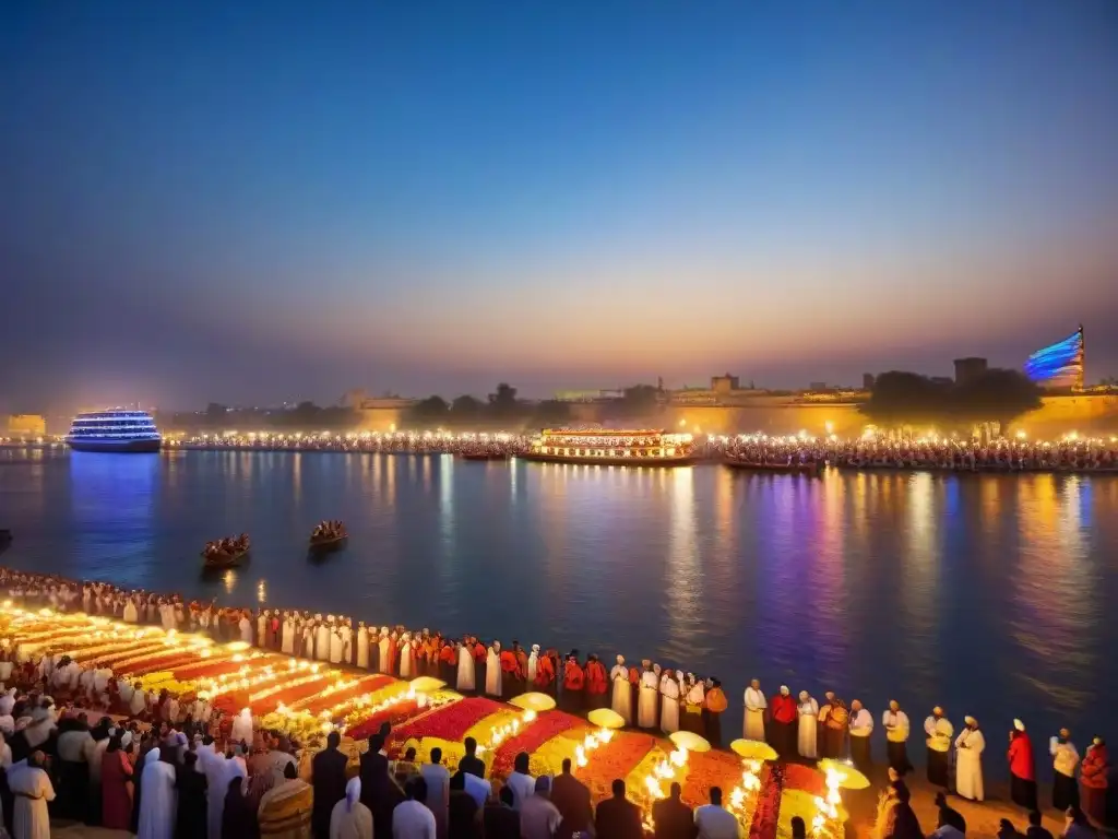 Celebración del Culto al Nilo en Egipto: multitud reunida en la ceremonia anual a orillas del río, linternas y barcos coloridos