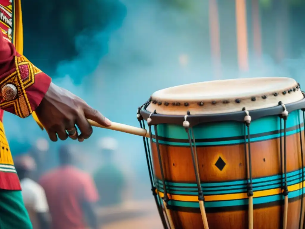 Manifestación cultural: manos hábiles tocan tambores africanos, comunicación a través de tambores vibrantes y coloridos