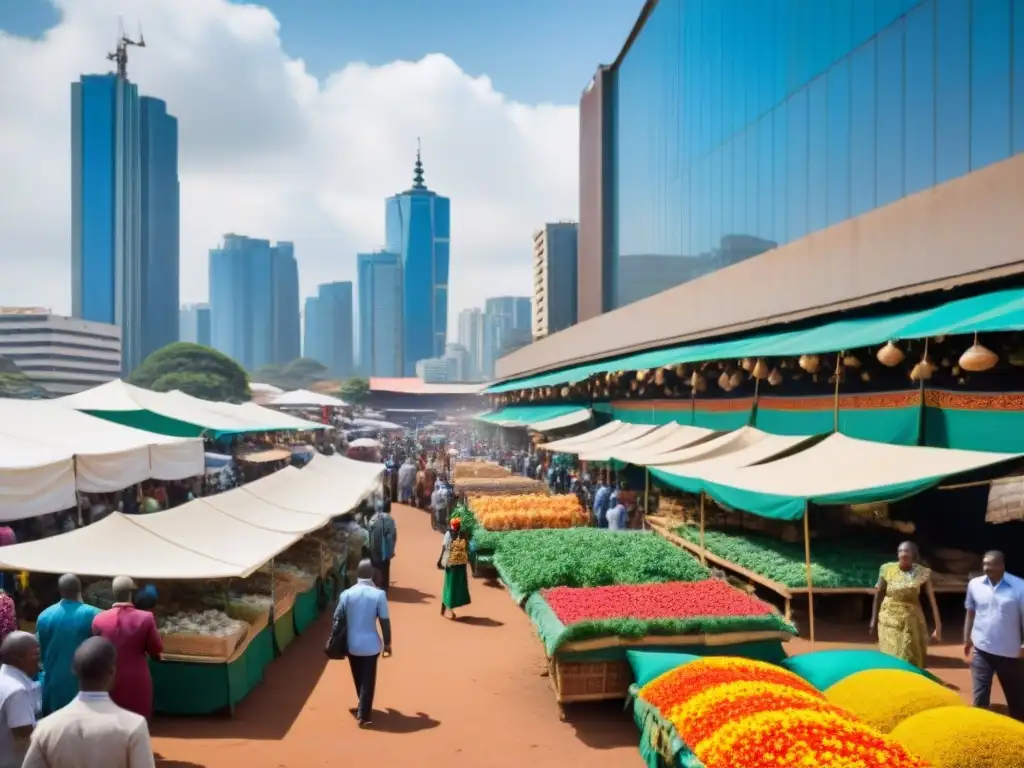 Innovación cultural y tecnológica en ciudades africanas: Mercado bullicioso en Nairobi con artesanías y gadgets tech