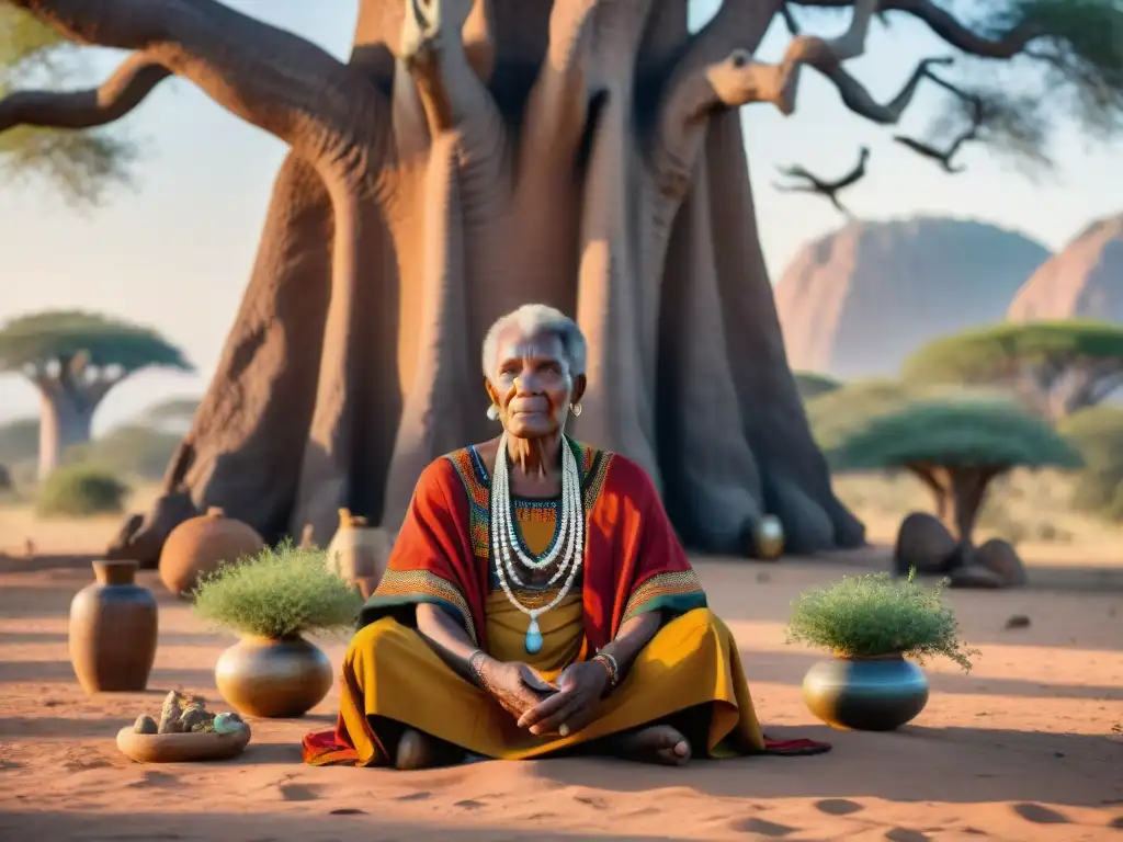 Curandera africana anciana practicando rituales de sanación espiritual bajo un baobab al atardecer