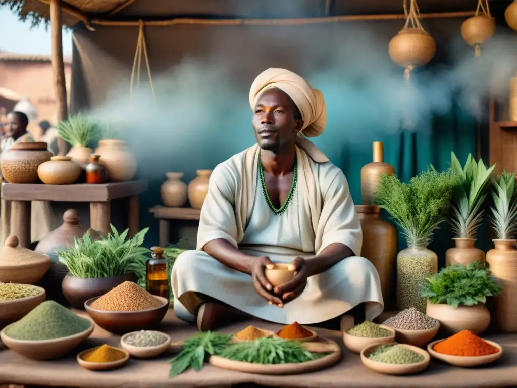 Una curandera africana en un bullicioso mercado, ofreciendo medicina tradicional